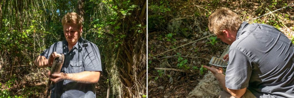 Stephen Jennewein examines a soil core sample