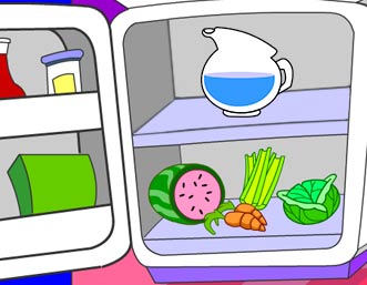 Illustration of a pitched in an open refrigerator